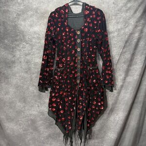 Black Velvet Red Sequin Hooded Lace Up Jacket Asymmetric Vamp Witchy Piratecore